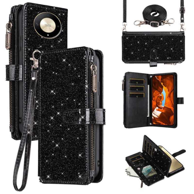 Honor Magic 6 Lite / X9b Glitter Portemonnee Hoesje met Riempjes
