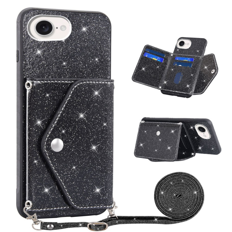 Hardcase iPhone 17E / 16E Glitter Kaarttasje met Schouderriem