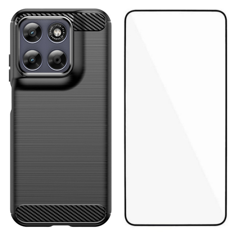 Moto G77 / G67 Geborsteld Koolstofvezel Hoesje met Screen Protector