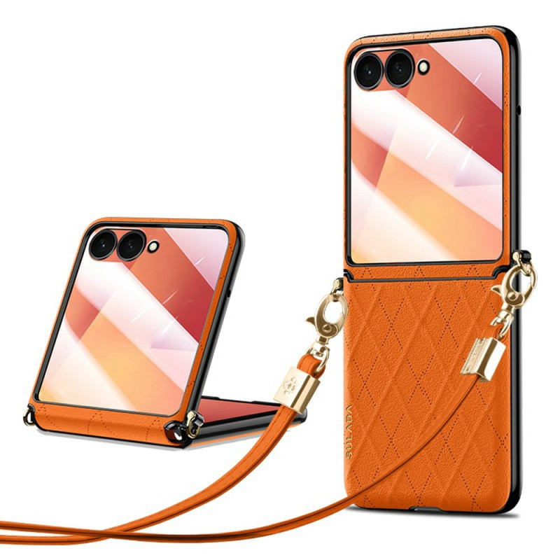 Samsung Galaxy Z Flip 8-hoesje met ruitjespatroon in leerlook en schouderriem