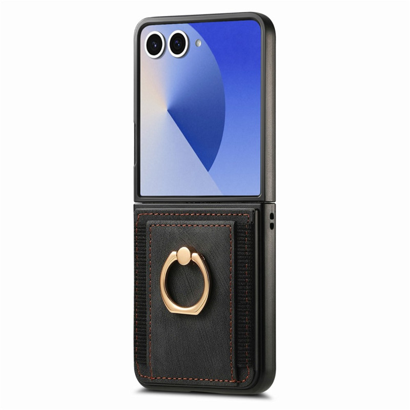 Samsung Galaxy Z Flip 8-hoesje in retro-leerlook met kaarthouder en bevestigingsring