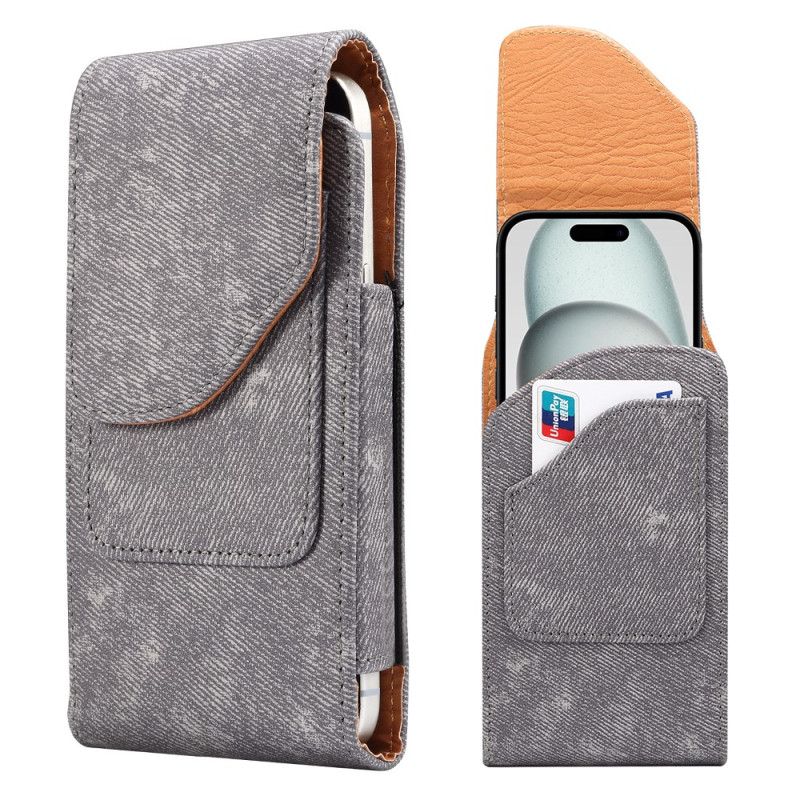 Universele riemhoes in jeanslook van PU-leer voor een smartphone van 6,1 inch met kaarthouder