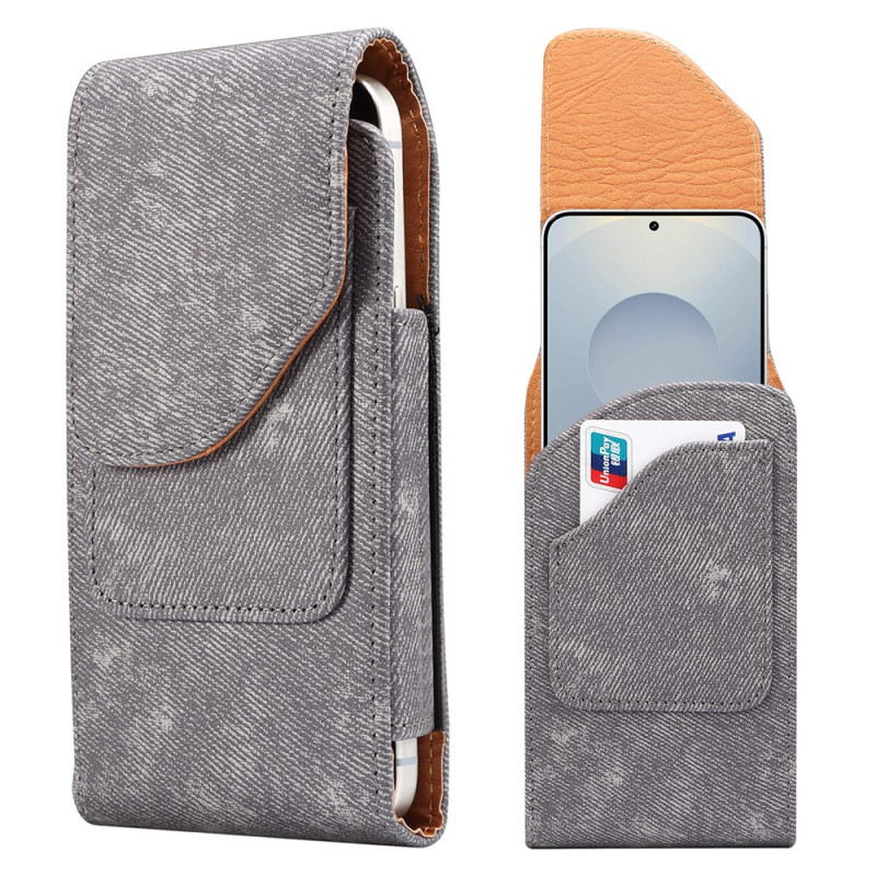 Universele riemhoes in jeanslook van PU-leer voor een smartphone van 6,5 inch met kaarthouder