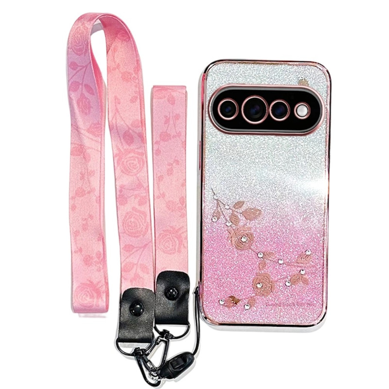 Google Pixel 11 Pro XL-hoesje met bloemen en strass, met draagriempje van KADEM
