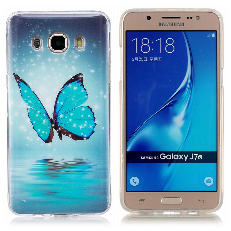 Samsung Galaxy J7 2016 Vlinder Hoesje Blauw Fluoriserend