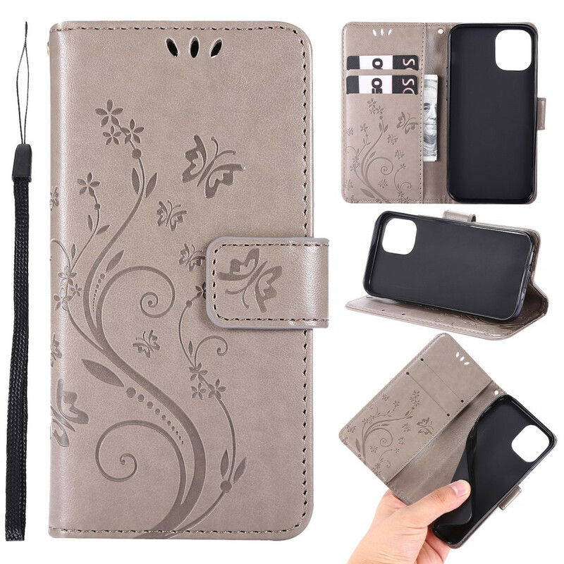 Case iPhone 12 Vlinders en Bloemen Lanyard