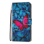 Samsung Galaxy S21 5G hoesje rode vlinder op blauwe achtergrond