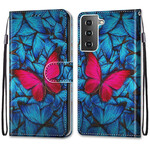 Samsung Galaxy S21 5G hoesje rode vlinder op blauwe achtergrond