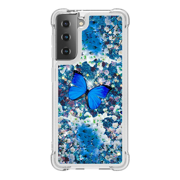 Samsung Galaxy S21 5G Glitter Blauw Vlinders Hoesje